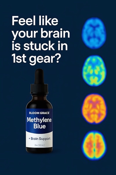A 2:3 vertical ad showcasing a Methylene Blue bottle alongside a color-coded progression of brain scans to represent improved cognitive performance.